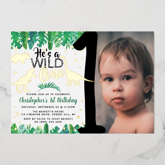 Wild One Dinosaur Boys 1st Birthday foto Real Folie Uitnodiging (Voorkant)