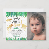 Wild One Dinosaur Boys First Birthday Foto Bedankkaart (Voorkant)