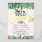 Wild One Dinosaur Girls 1st Birthday Real Folie Uitnodiging (Voorkant)