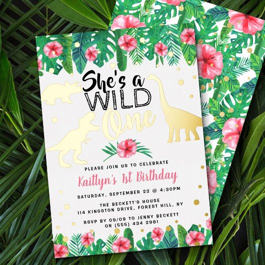 Wild One Dinosaur Girls 1st Birthday Real Folie Uitnodiging