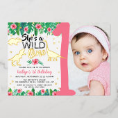 Wild One Dinosaur Girls 1ste verjaardag foto echt Folie Uitnodiging (Voorkant)