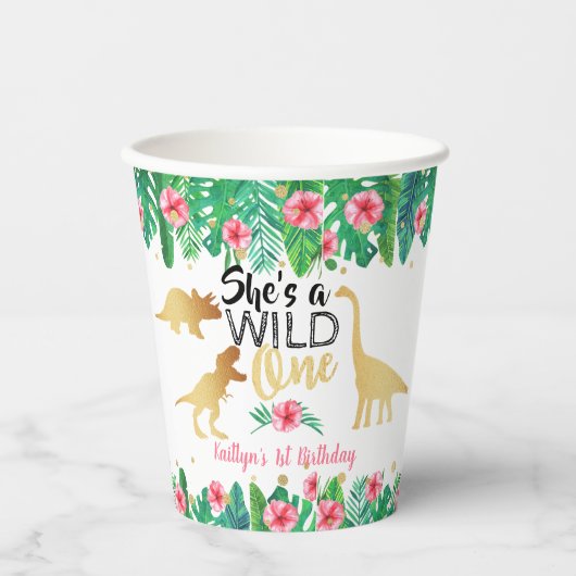 Wild One Dinosaur Girls 1ste verjaardag Papieren Bekers (Voorkant)