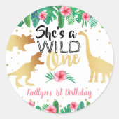 Wild One Dinosaur Girls 1ste verjaardag Ronde Sticker (Voorkant)