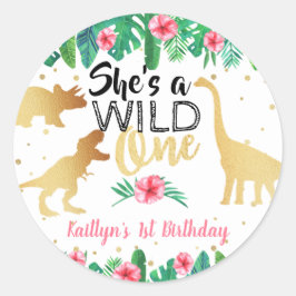 Wild One Dinosaur Girls 1ste verjaardag Ronde Sticker