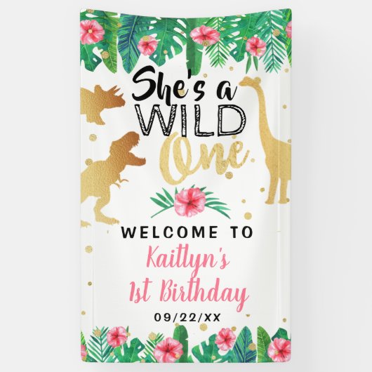 Wild One Dinosaur Girls 1ste verjaardag Welkom Spandoek (Verticaal)