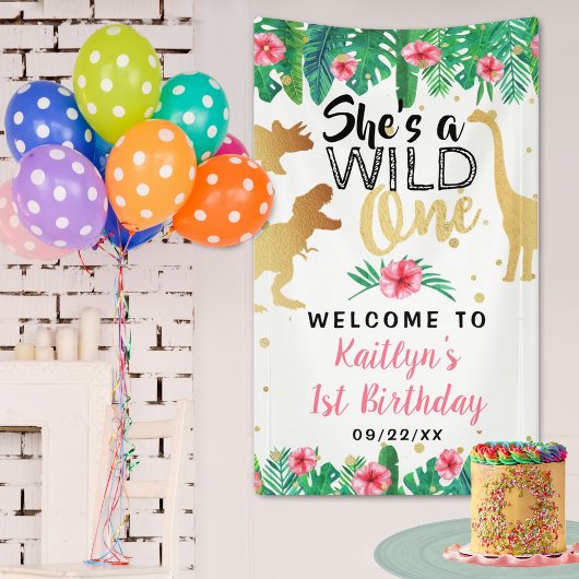 Wild One Dinosaur Girls 1ste verjaardag Welkom Spandoek