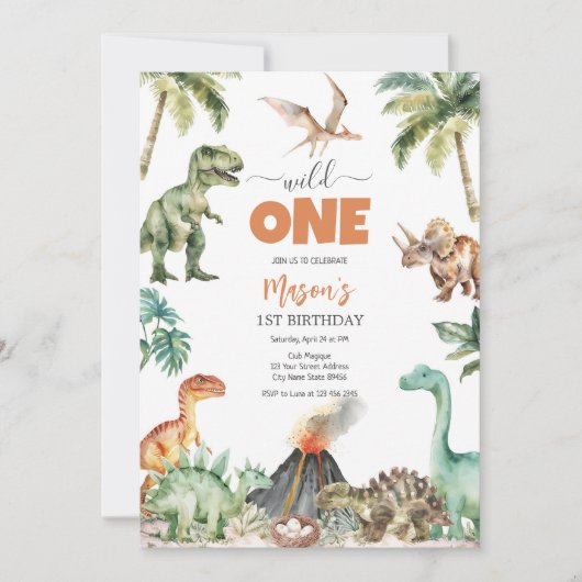 Wild One Dinosaur Kids 1st Birthday Invitatio Kaart (Voorkant)
