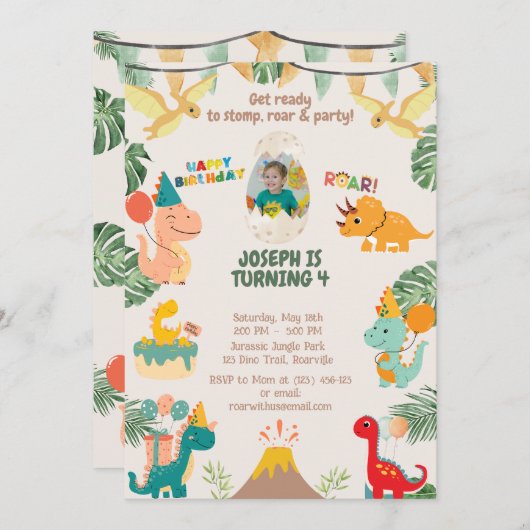 Wild One Dinosaur verjaardagsuitnodiging | bewerkb Kaart (Voorkant / Achterkant)