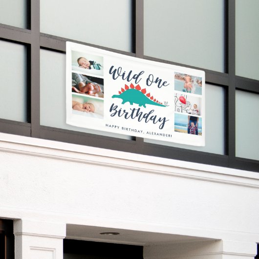 Wild One Dinosaurus Fotocollage Verjaardagsfeest Spandoek (Buitenkant Gebouw)