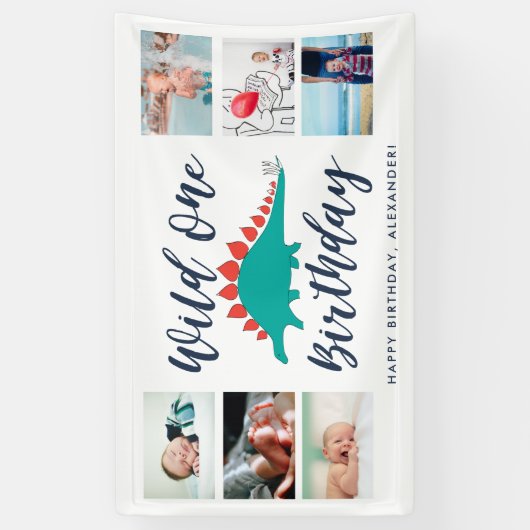 Wild One Dinosaurus Fotocollage Verjaardagsfeest Spandoek (Verticaal)