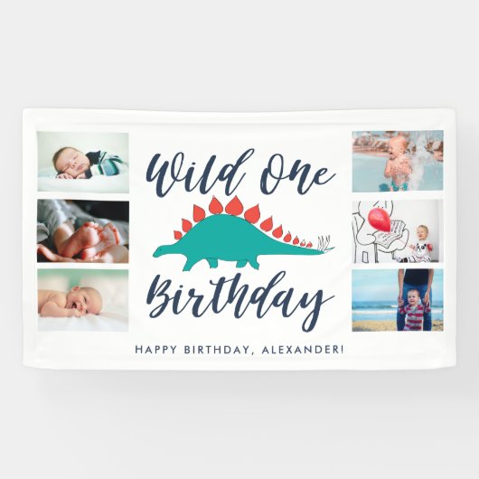 Wild One Dinosaurus Fotocollage Verjaardagsfeest Spandoek (Horizontaal)