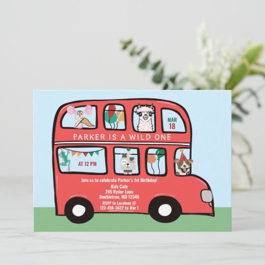 Wild One Double Decker Party Bus Verjaardag Kaart (Staand voorkant)