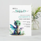 Wild One Dragon verjaardagsuitnodiging, 1e verjaar Kaart (Staand voorkant)