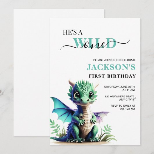 Wild One Dragon verjaardagsuitnodiging, 1e verjaar Kaart (Voorkant / Achterkant)