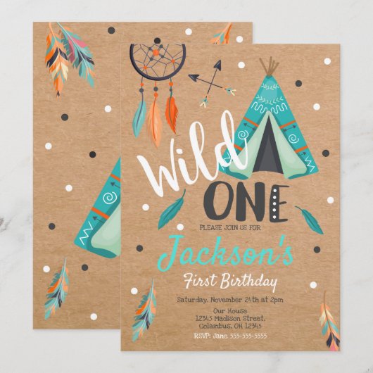 Wild One Dreamcatcher Tipi Verjaardag Uitnodiging (Voorkant / Achterkant)