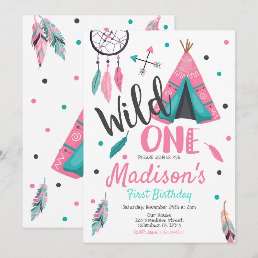 Wild One Dreamweaver Teepee Birthday Invitation Kaart (Voorkant / Achterkant)