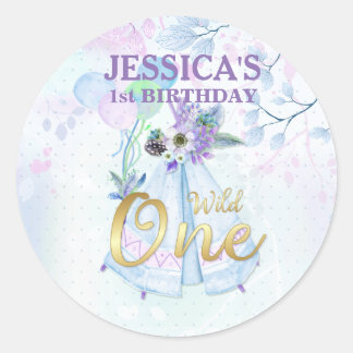Wild One Eerste Verjaardag Blauw TeePee Boho Ronde Sticker