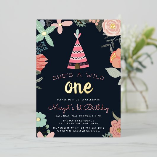 Wild One | Eerste verjaardag Folie Uitnodiging (Staand Voorkant)