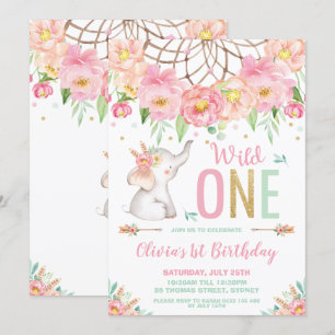Wild One Elephant 1st Birthday Boho Pink Floral Kaart