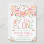 Wild One Elephant 1st Birthday Boho Roze Bloemen Kaart (Voorkant)