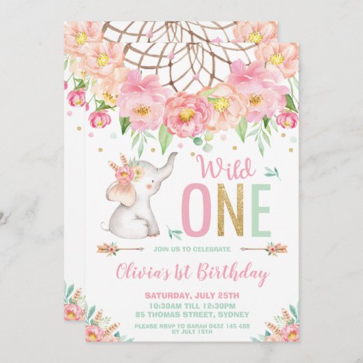 Wild One Elephant 1st Birthday Boho Roze Bloemen Kaart (Voorkant / Achterkant)