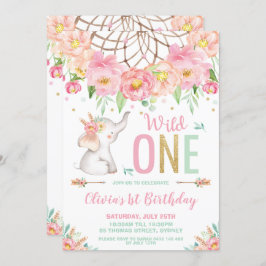 Wild One Elephant 1st Birthday Boho Roze Bloemen Kaart