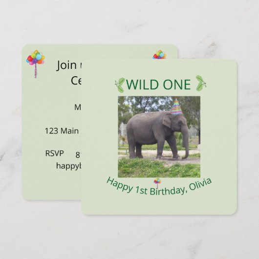 Wild One Elephant Birthday Party Invite Design Kaart (Voorkant / Achterkant)
