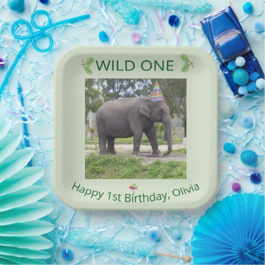 Wild One Elephant First Birthday Celebration Papieren Bordje (Feest)