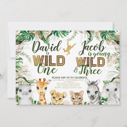 Wild One en Three Combined Zoo 1e 3e Verjaardag Kaart (Voorkant)