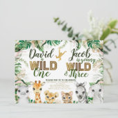 Wild One en Three Combined Zoo 1e 3e Verjaardag Kaart (Staand voorkant)