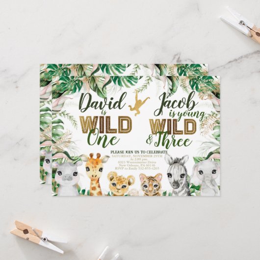 Wild One en Three Combined Zoo 1e 3e Verjaardag Kaart (Voorkant / Achterkant in situ)