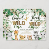 Wild One en Three Combined Zoo 1e 3e Verjaardag Kaart (Voorkant / Achterkant)