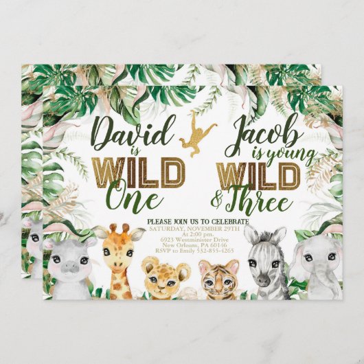 Wild One en Three Combined Zoo 1e 3e Verjaardag Kaart (Voorkant / Achterkant)