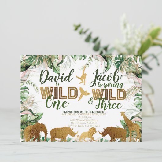 Wild One en Three Combined Zoo 1e 3e Verjaardag Kaart (Staand voorkant)