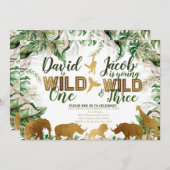 Wild One en Three Combined Zoo 1e 3e Verjaardag Kaart (Voorkant / Achterkant)