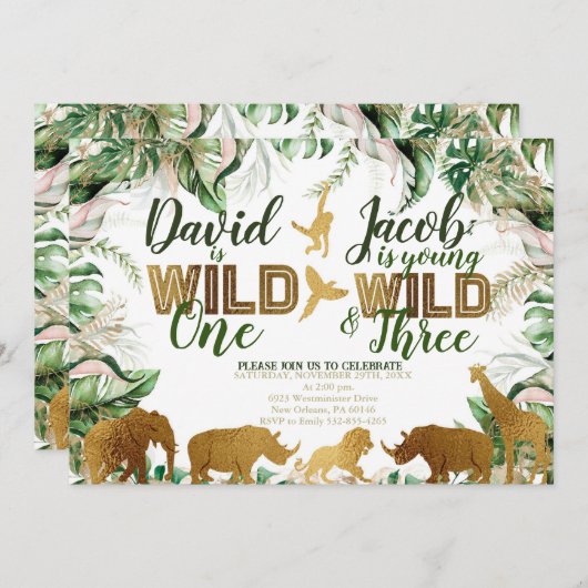 Wild One en Three Combined Zoo 1e 3e Verjaardag Kaart (Voorkant / Achterkant)