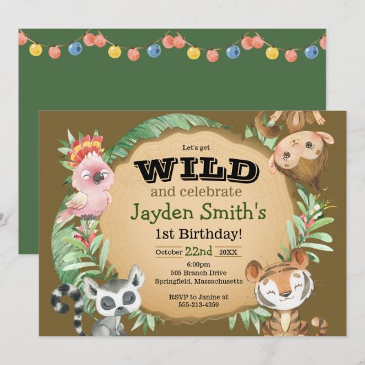 Wild One Exotic Animal Birthday Invitation Kaart (Voorkant / Achterkant)