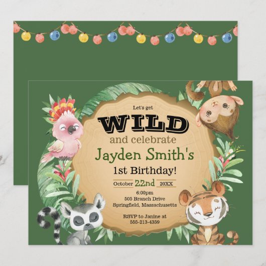 Wild One Exotic Animal Birthday Invitation Kaart (Voorkant / Achterkant)