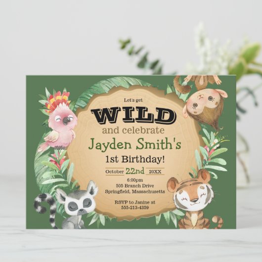 Wild One Exotic Animal Birthday Invitation Kaart (Staand voorkant)