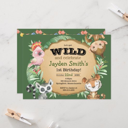 Wild One Exotic Animal Birthday Invitation Kaart (Voorkant / Achterkant in situ)