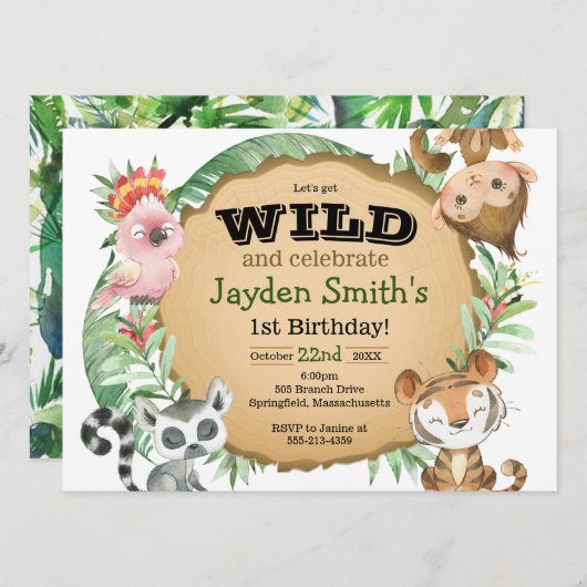 Wild One Exotic Animal Birthday Invitation Kaart (Voorkant / Achterkant)