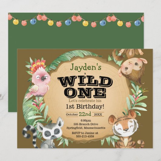 Wild One Exotic Animal Birthday Invitation Kaart (Voorkant / Achterkant)
