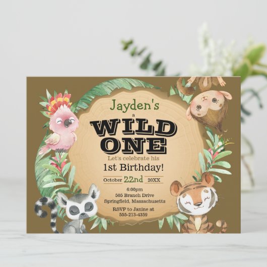 Wild One Exotic Animal Birthday Invitation Kaart (Staand voorkant)