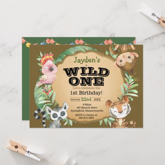 Wild One Exotic Animal Birthday Invitation Kaart (Voorkant / Achterkant in situ)