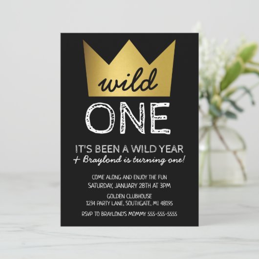 Wild One First Birthday Invitation Gold Crown Kaart (Staand voorkant)