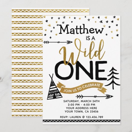 Wild One First Birthday Invitation Kaart (Voorkant / Achterkant)