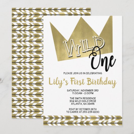 Wild One First Birthday Invitation Zwart en Goud Kaart (Voorkant / Achterkant)