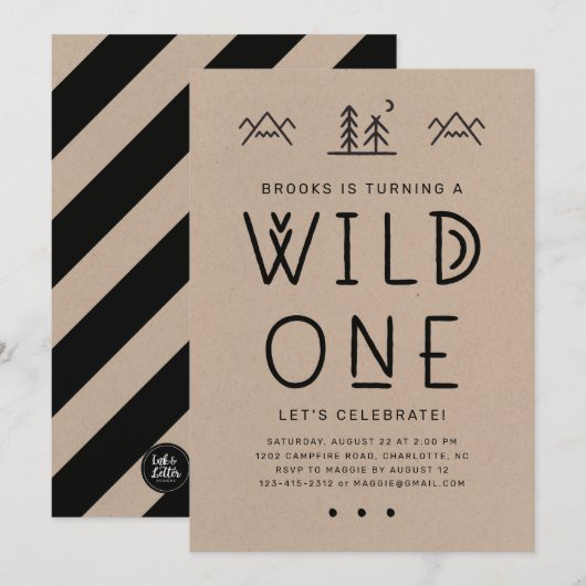 Wild One First Birthday Kraft Invitation Kaart (Voorkant / Achterkant)
