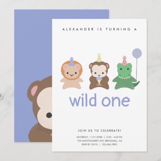 Wild One First Birthday Party Eenvoudige uitnodigi Kaart (Voorkant / Achterkant)