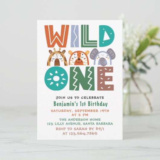 Wild One First Birthday Photo Invitation Kaart (Staand voorkant)